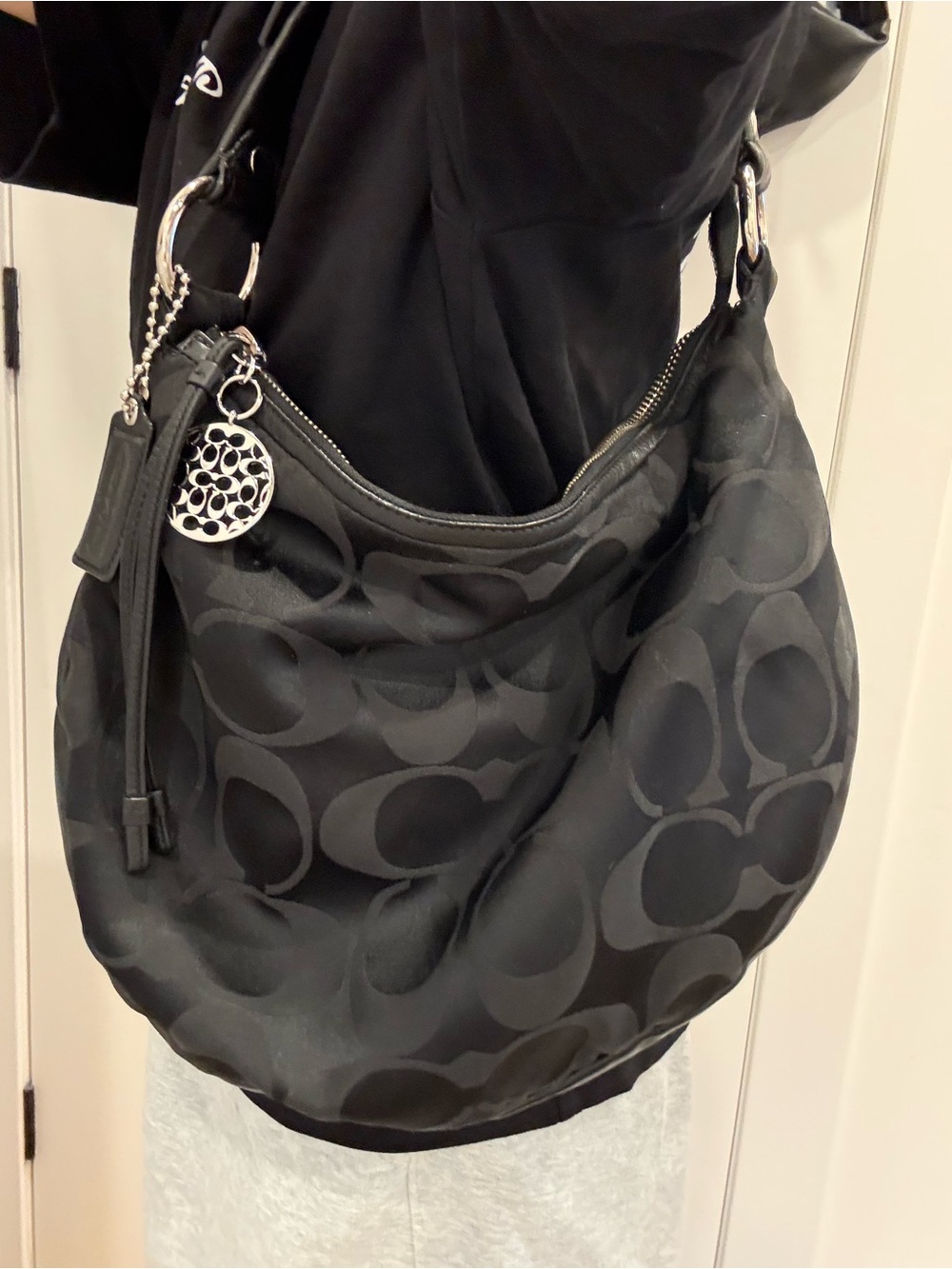 Coach Black Signature Hobo Shoulder Bag with Silver Charm